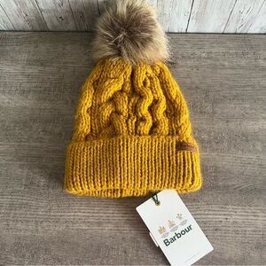 Barbour Womens Penshaw Yellow Cable Knit Pom-Pom Hat New